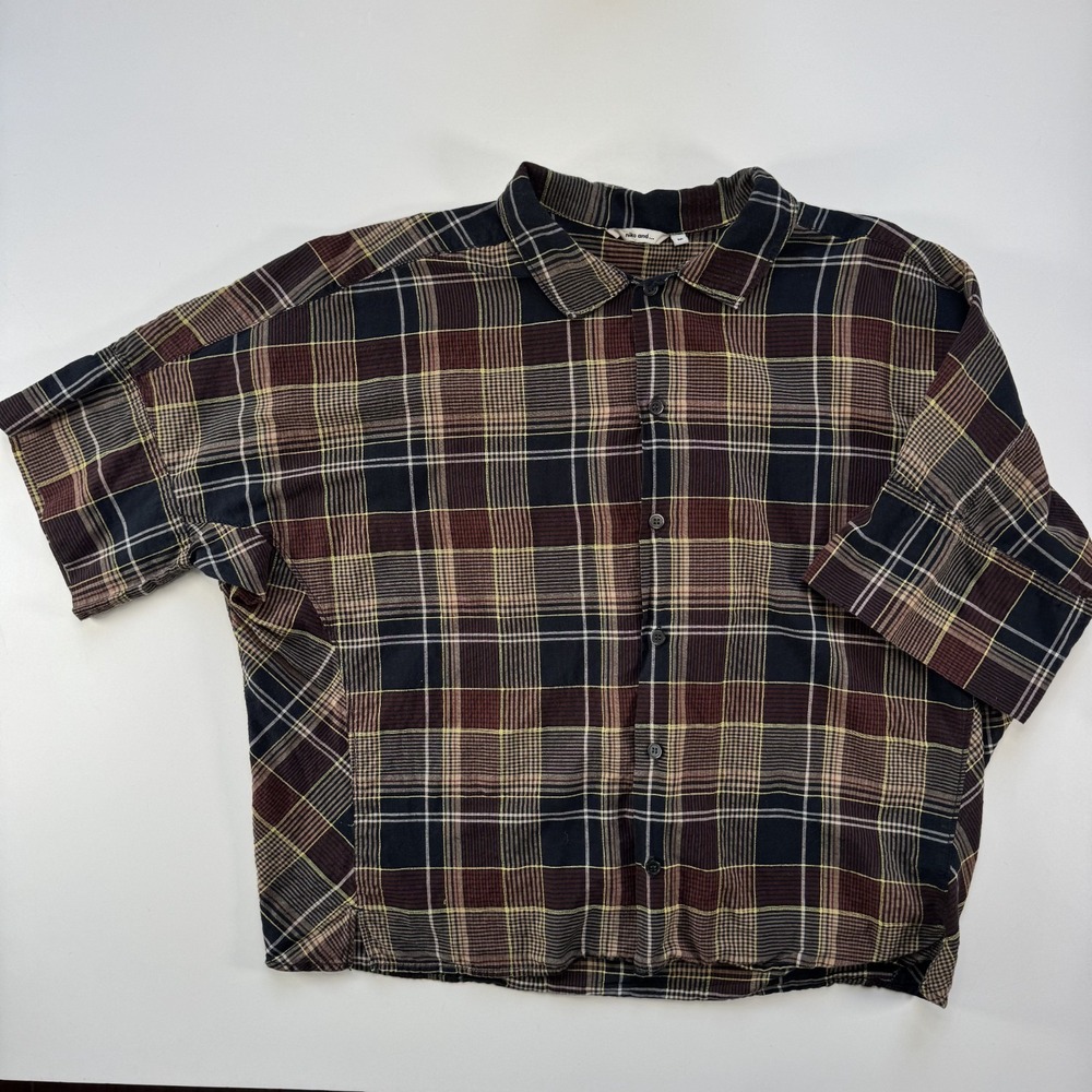 NIKO AND... Short Sleeve Button Up Short Sleeve Shirt Womens Medium Plaid Brown